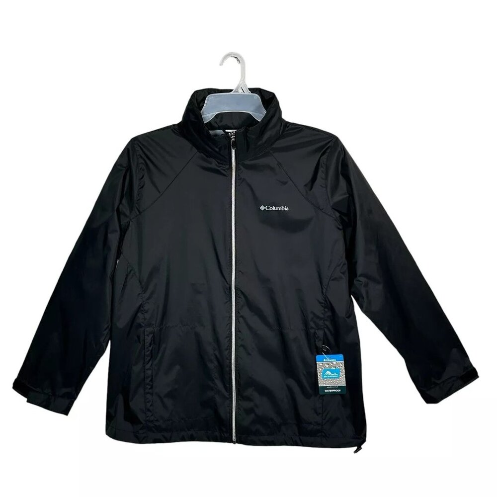 Columbia Women's Waterproof Rain‎ Jacket Size 1X Solid Black Hooded Lightweight